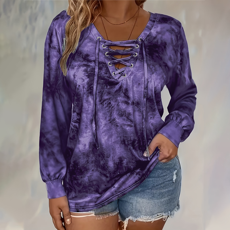 Odalys Tie-Dye Lace-Up V-Neck Top – Casual Printed Everyday Tee – Purple
