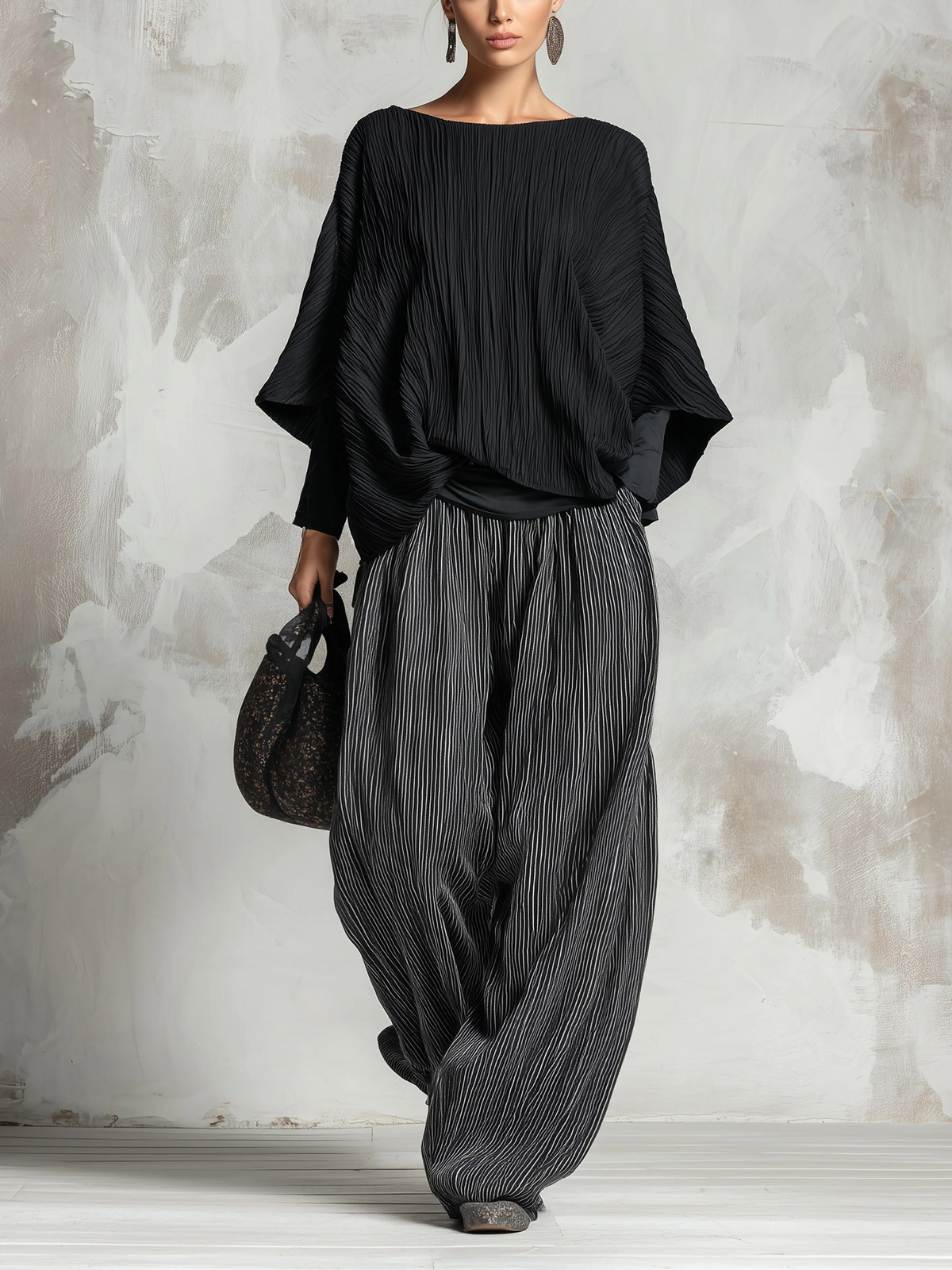 Odessa Pleated Two-Piece Set – Batwing Top and Wide-Leg Trousers – Black