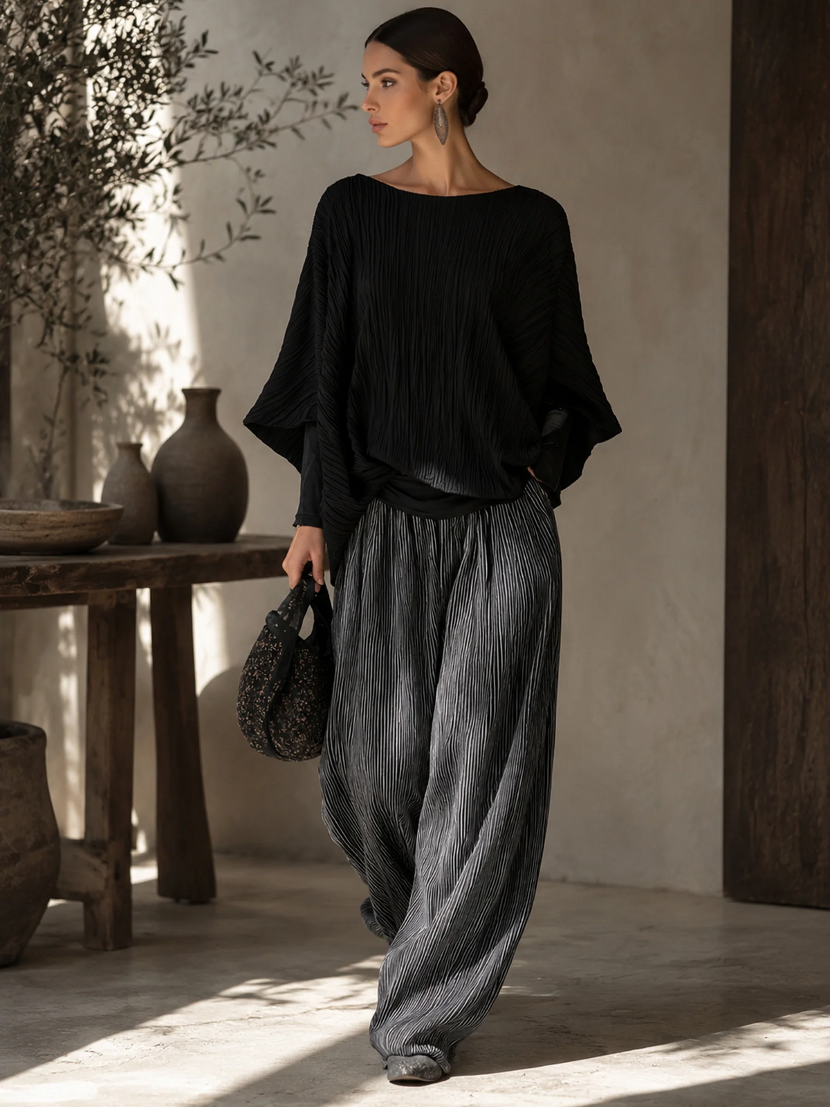 Odessa Pleated Two-Piece Set – Batwing Top and Wide-Leg Trousers – Black