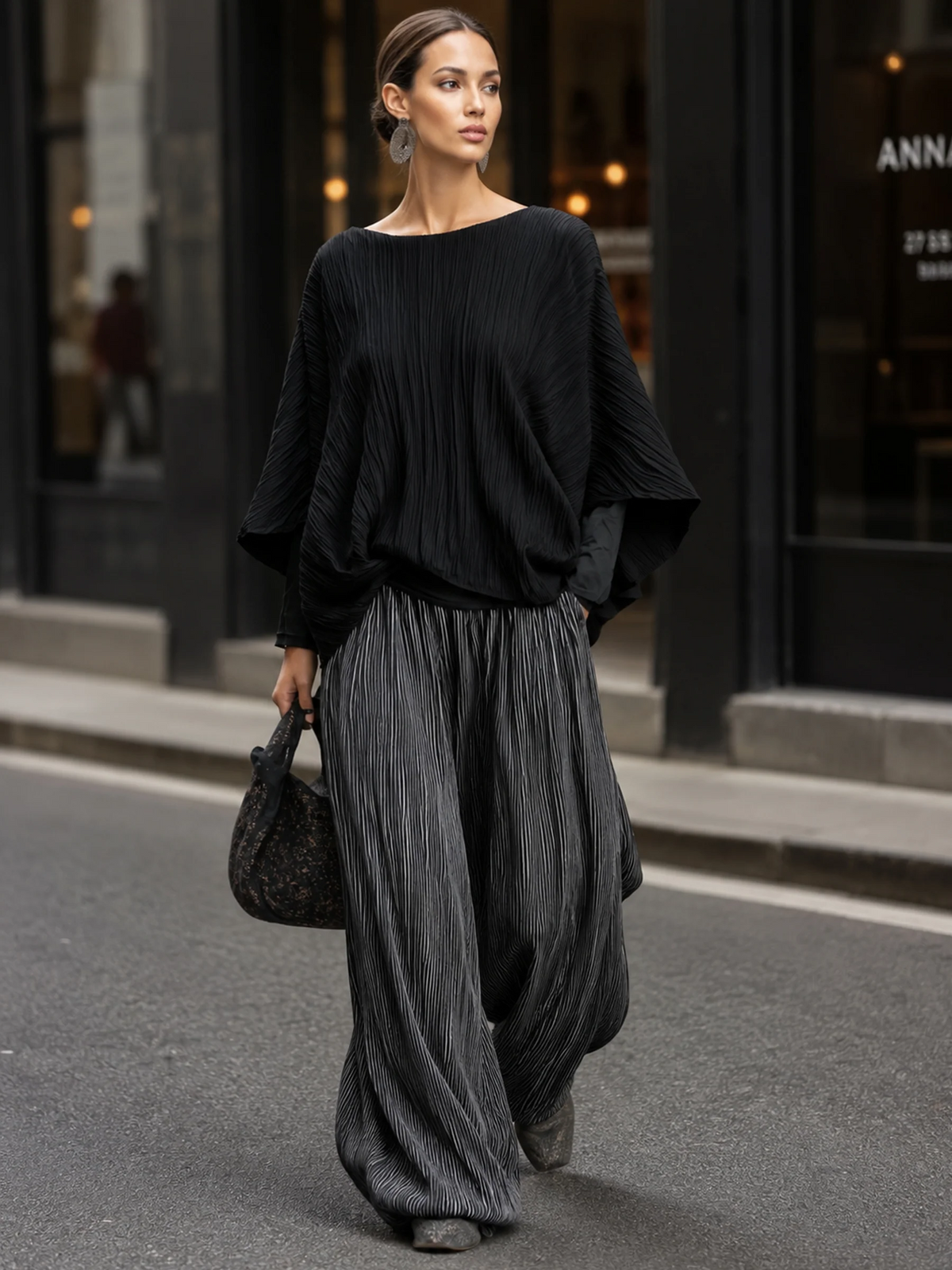 Odessa Pleated Two-Piece Set – Batwing Top and Wide-Leg Trousers – Black