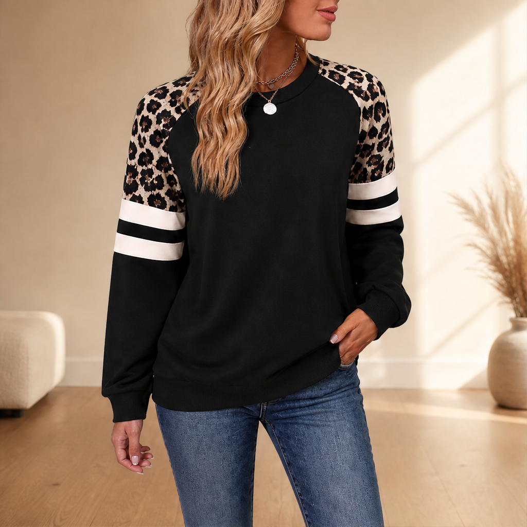 Odette Leopard Raglan Sweatshirt – Colour Block Crew Neck Striped Sleeve