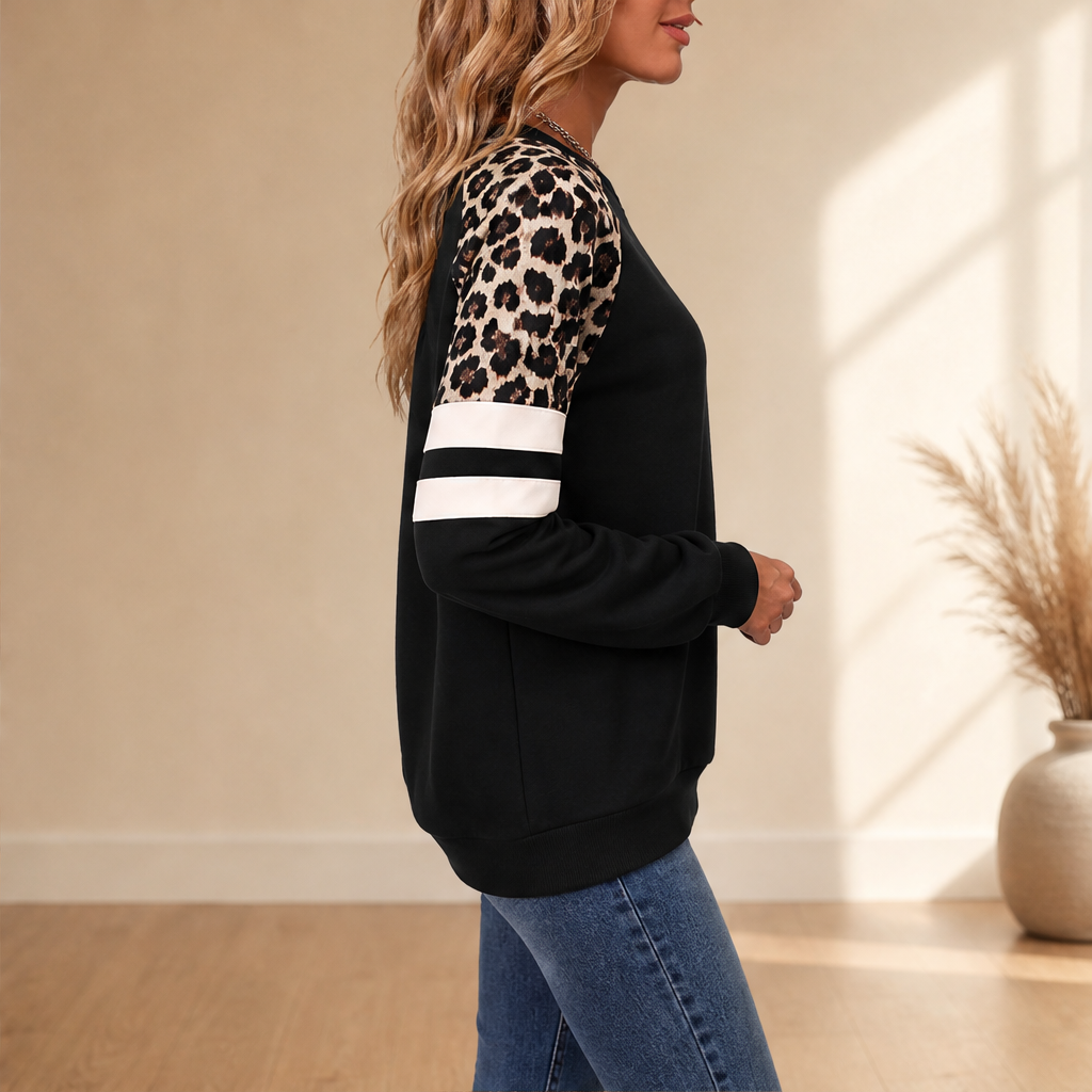 Odette Leopard Raglan Sweatshirt – Colour Block Crew Neck Striped Sleeve