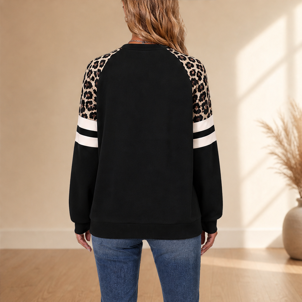Odette Leopard Raglan Sweatshirt – Colour Block Crew Neck Striped Sleeve