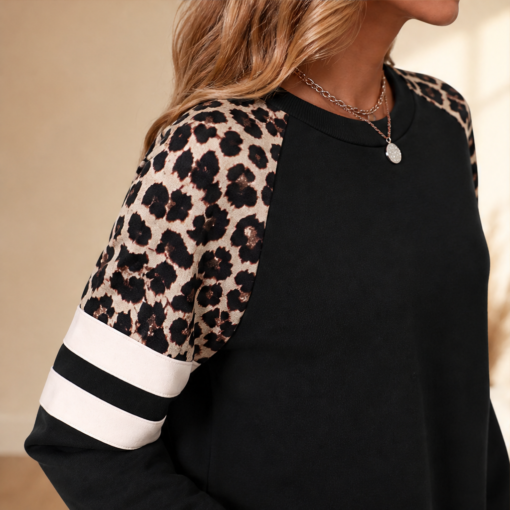 Odette Leopard Raglan Sweatshirt – Colour Block Crew Neck Striped Sleeve