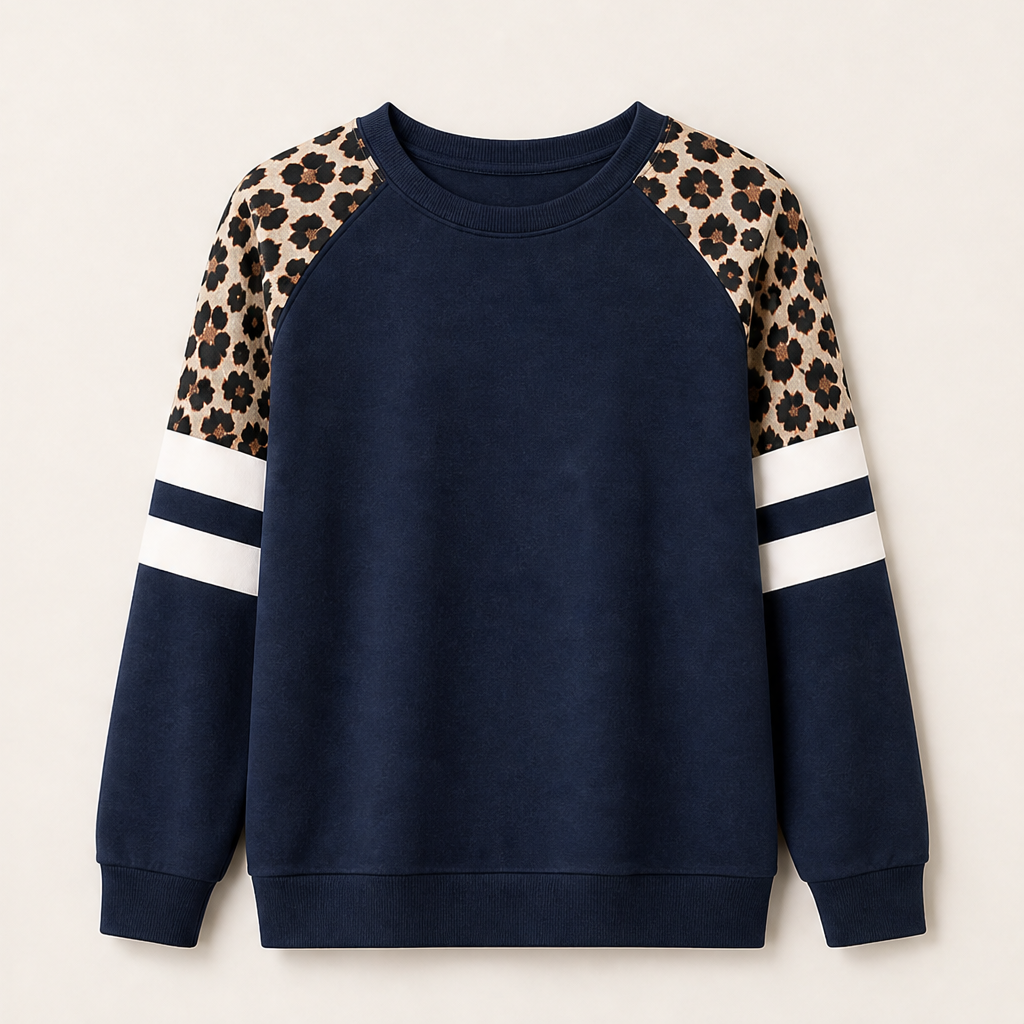 Odette Leopard Raglan Sweatshirt – Colour Block Crew Neck Striped Sleeve – Navy