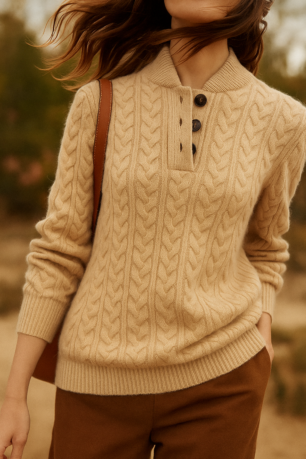 Orlaith Cable Knit Button Neck Sweater – Women's Stand Collar Henley Jumper