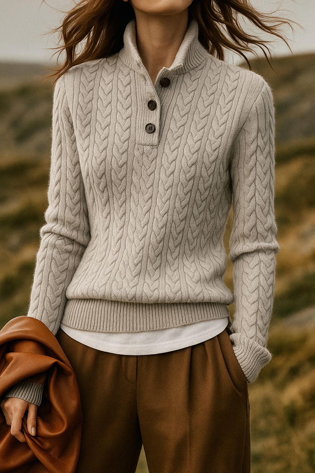 Orlaith Cable Knit Button Neck Sweater – Women's Stand Collar Henley Jumper