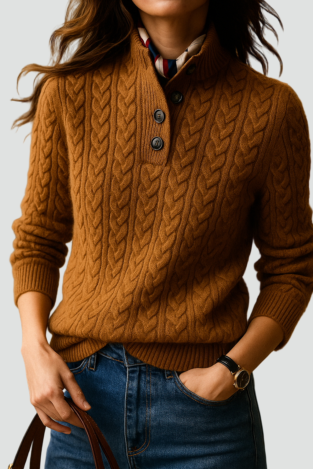 Orlaith Cable Knit Button Neck Sweater – Women's Stand Collar Henley Jumper