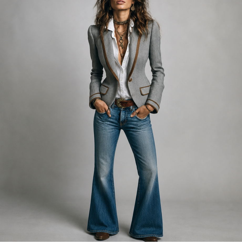 Ottavia Herringbone Piped Blazer Jacket – Women's Tailored Fitted Short Coat