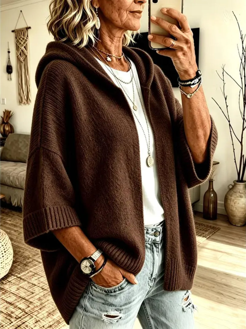 Ottilie Hooded Open-Front Knit Cardigan Coffee