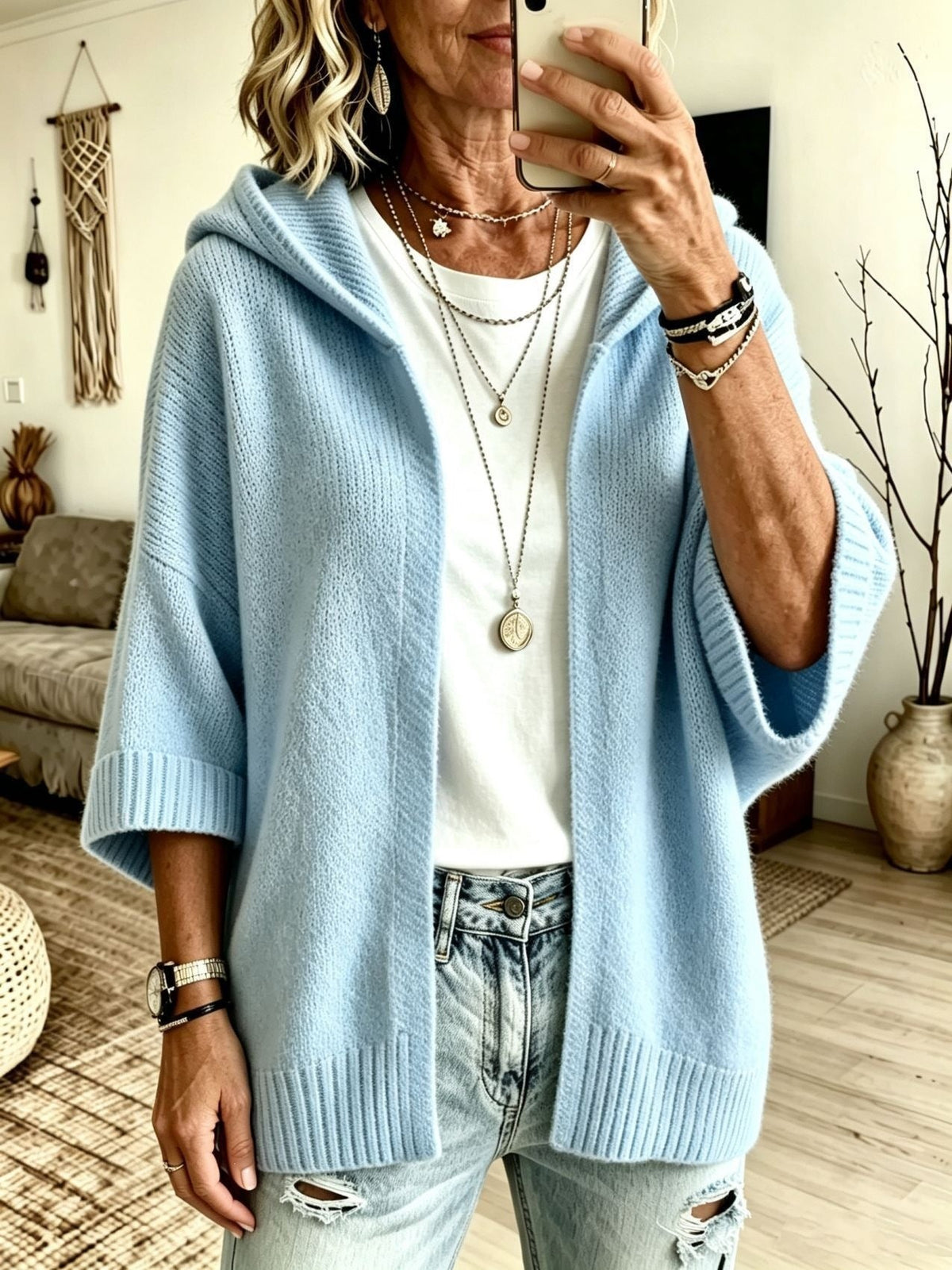 Ottilie Hooded Open-Front Knit Cardigan Light Blue
