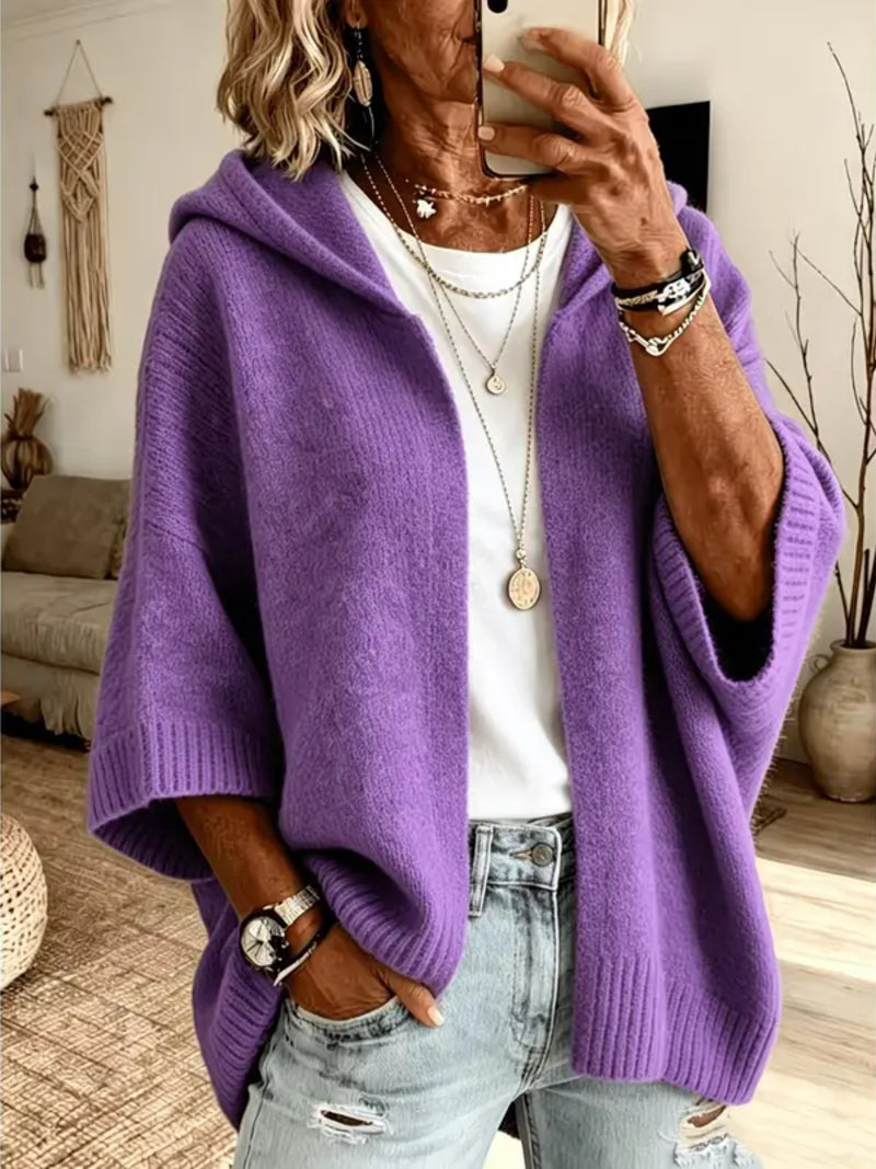 Ottilie Hooded Open-Front Knit Cardigan Purple