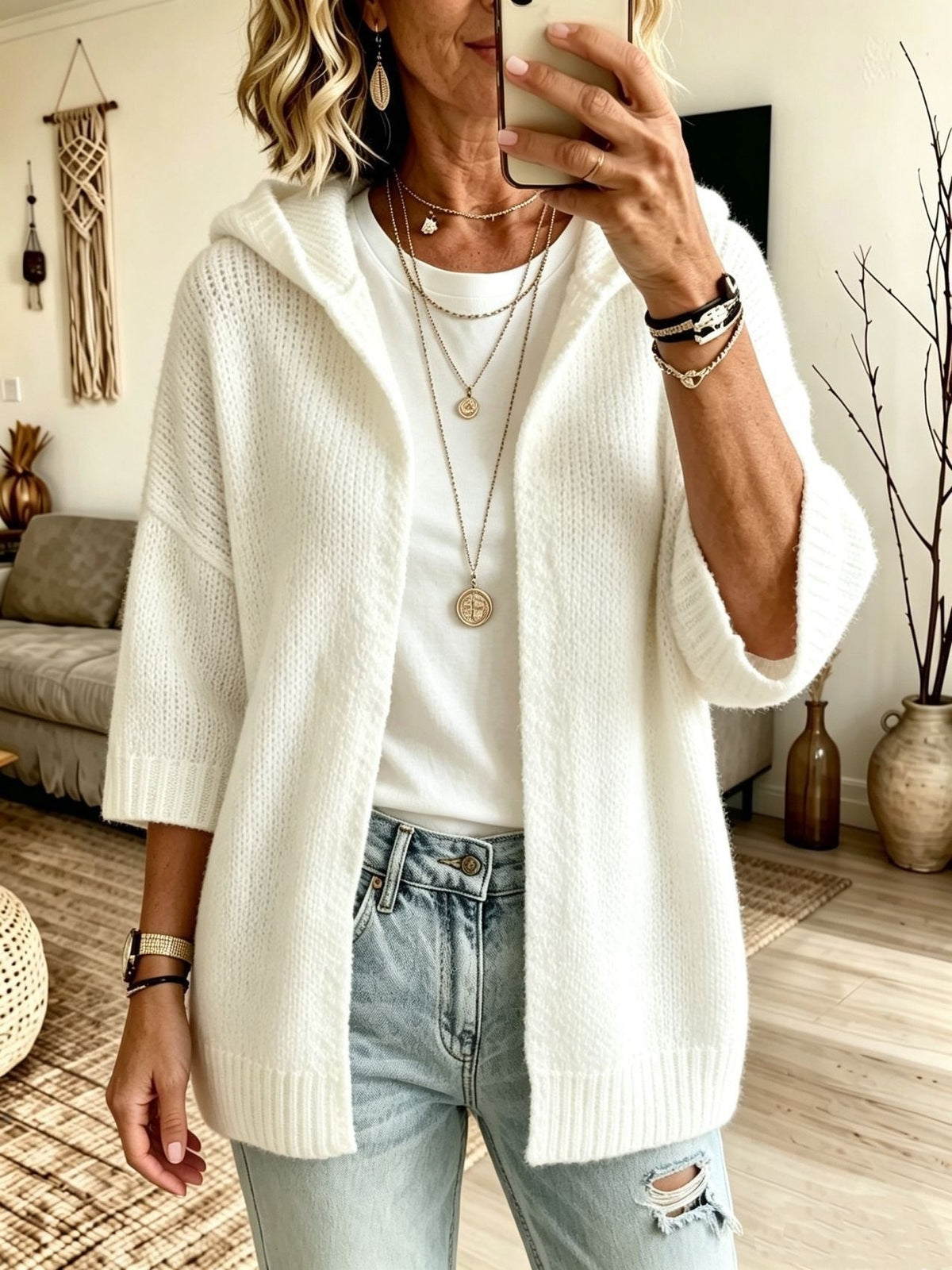 Ottilie Hooded Open-Front Knit Cardigan White