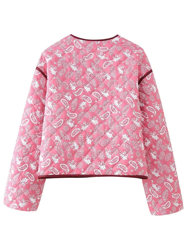 Primrose Paisley Quilted Jacket – Contrast Binding V-Neck Button Down | Dorvelli
