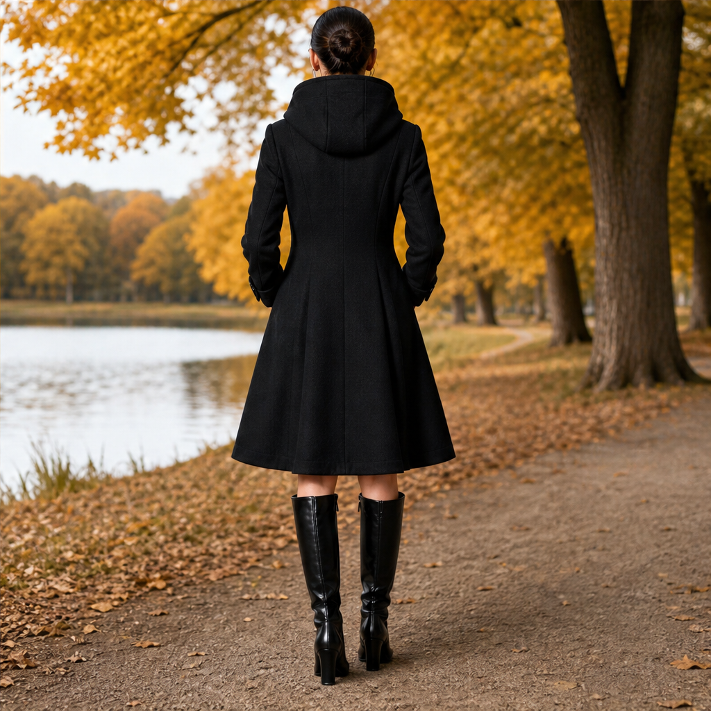 Dorvelli | Ravenna Hooded Swing Coat – Double-Breasted Bib Knee Length