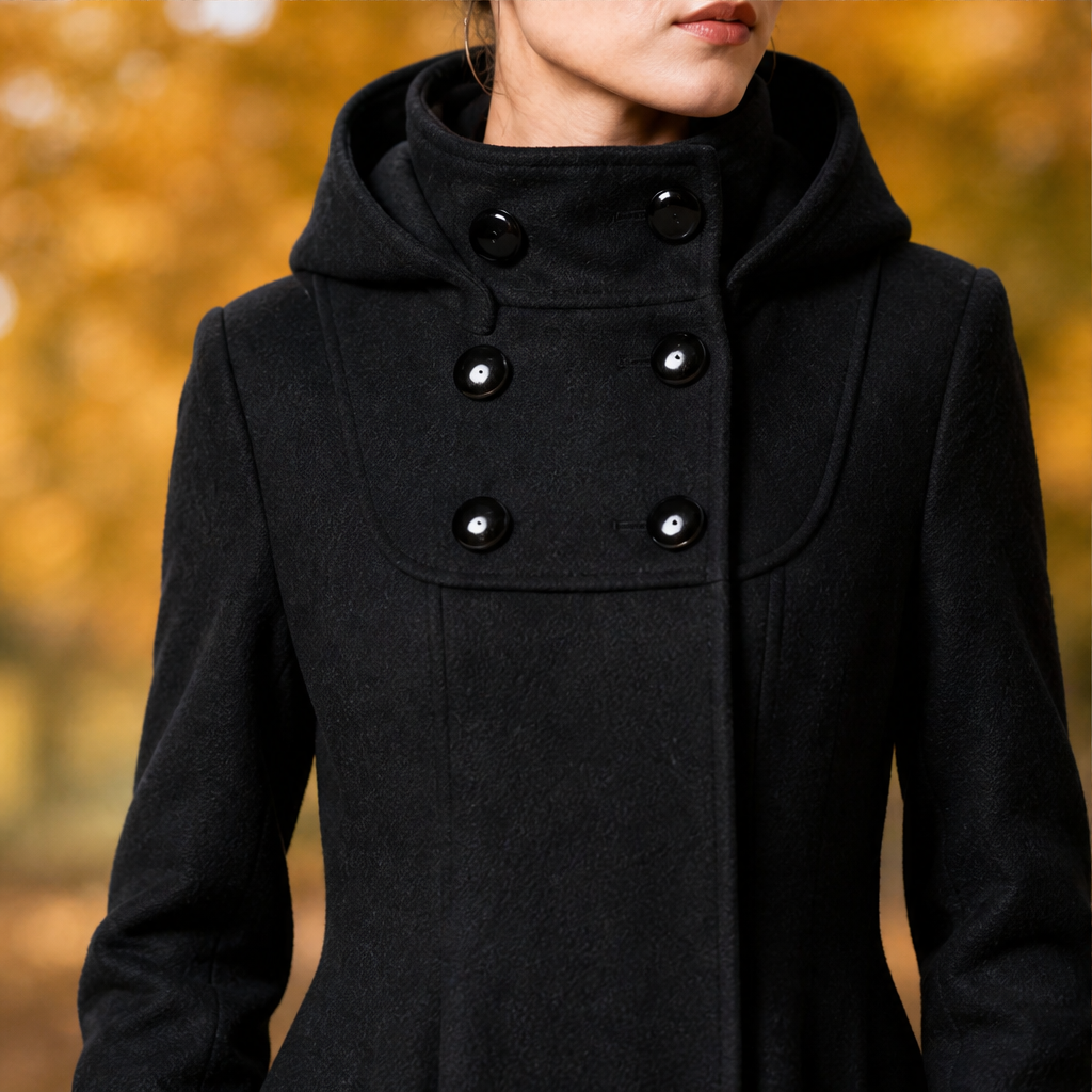 Dorvelli | Ravenna Hooded Swing Coat – Double-Breasted Bib Knee Length