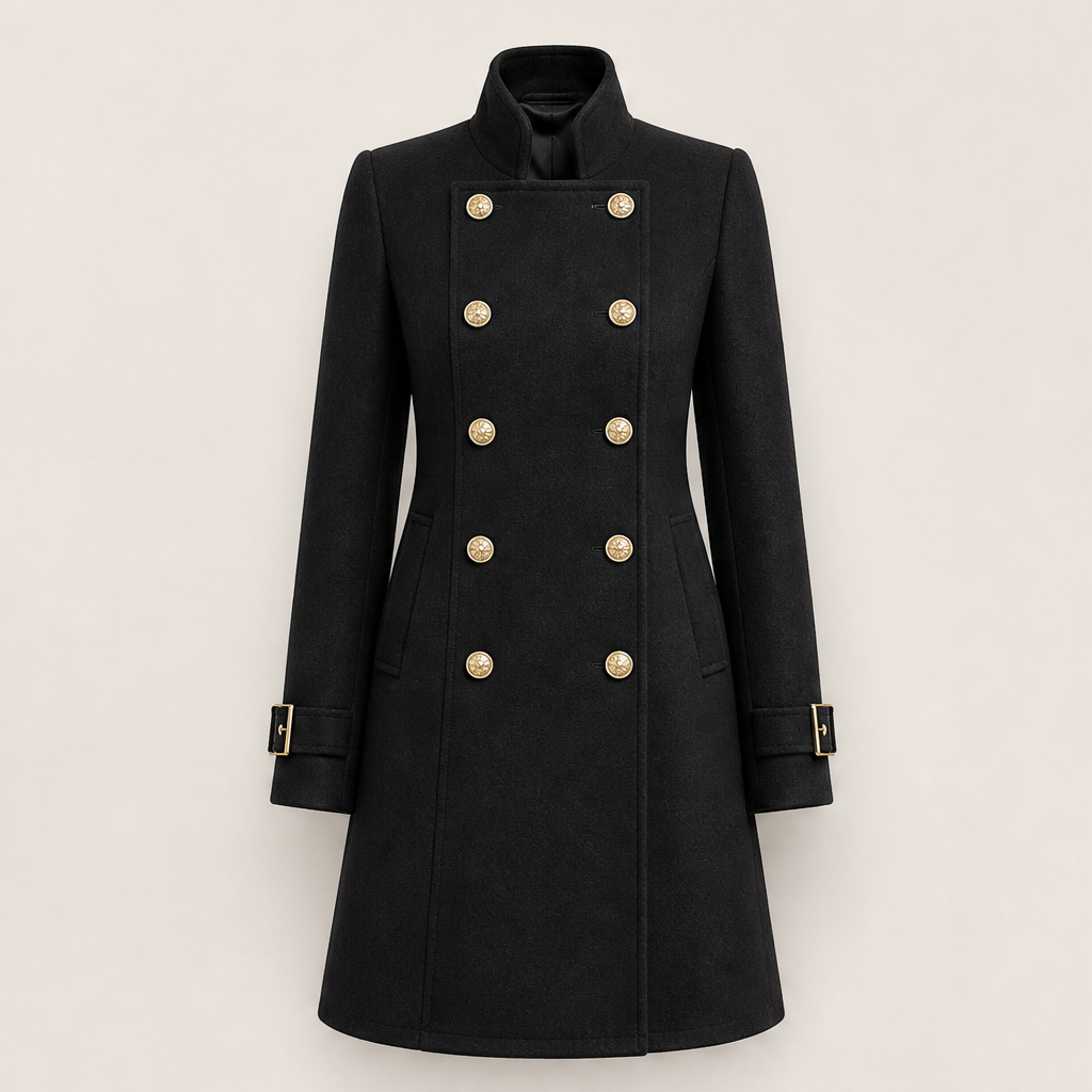 Dorvelli | Regent Military Coat – Mandarin Collar Double-Breasted Cuff Tab – Black