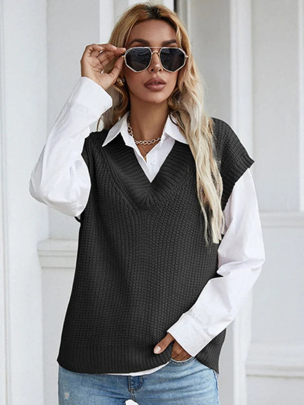 Romilly Waffle Knit V-Neck Jumper – Cap Sleeves Ribbed Neckline Regular Fit | Dorvelli
