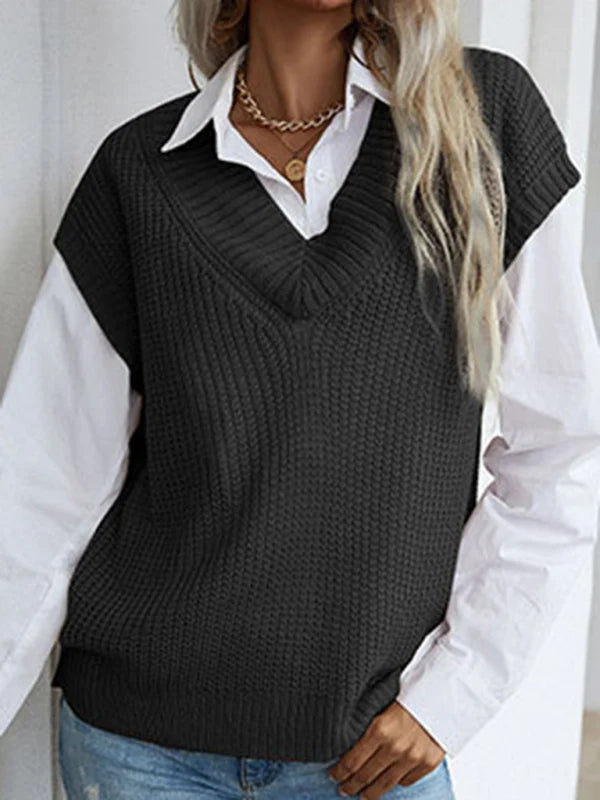 Romilly Waffle Knit V-Neck Jumper – Cap Sleeves Ribbed Neckline Regular Fit | Dorvelli