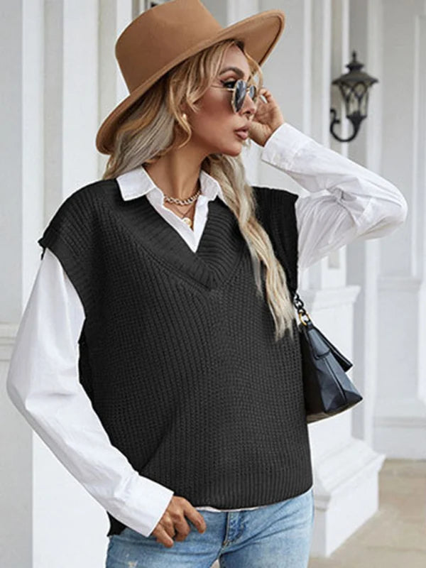 Romilly Waffle Knit V-Neck Jumper – Cap Sleeves Ribbed Neckline Regular Fit | Dorvelli
