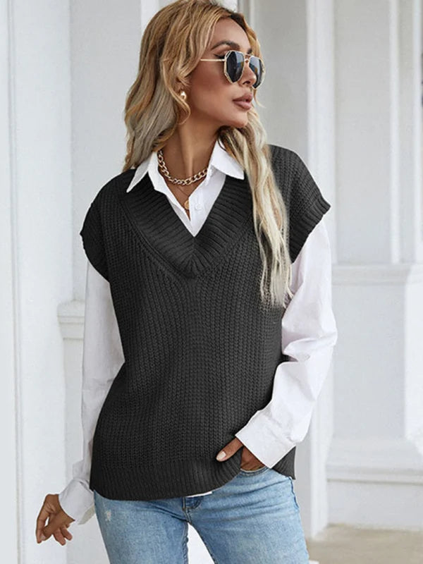 Romilly Waffle Knit V-Neck Jumper – Cap Sleeves Ribbed Neckline Regular Fit | Dorvelli