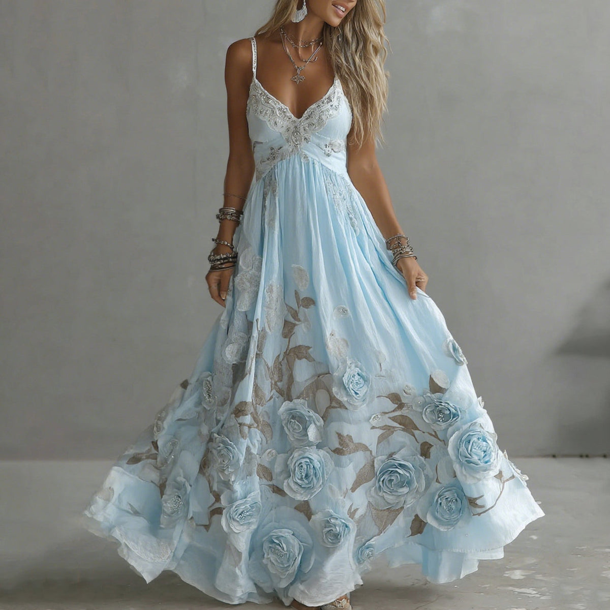 Rosalie Vintage Floral Embroidered Maxi Dress – Fitted Bodice Flowing A-Line Skirt – Blue