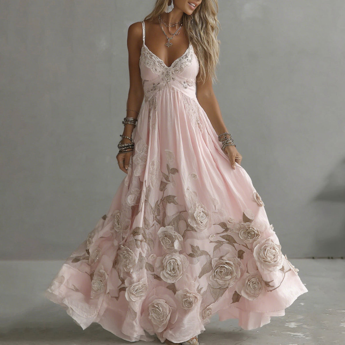 Rosalie Vintage Floral Embroidered Maxi Dress – Fitted Bodice Flowing A-Line Skirt – Pink