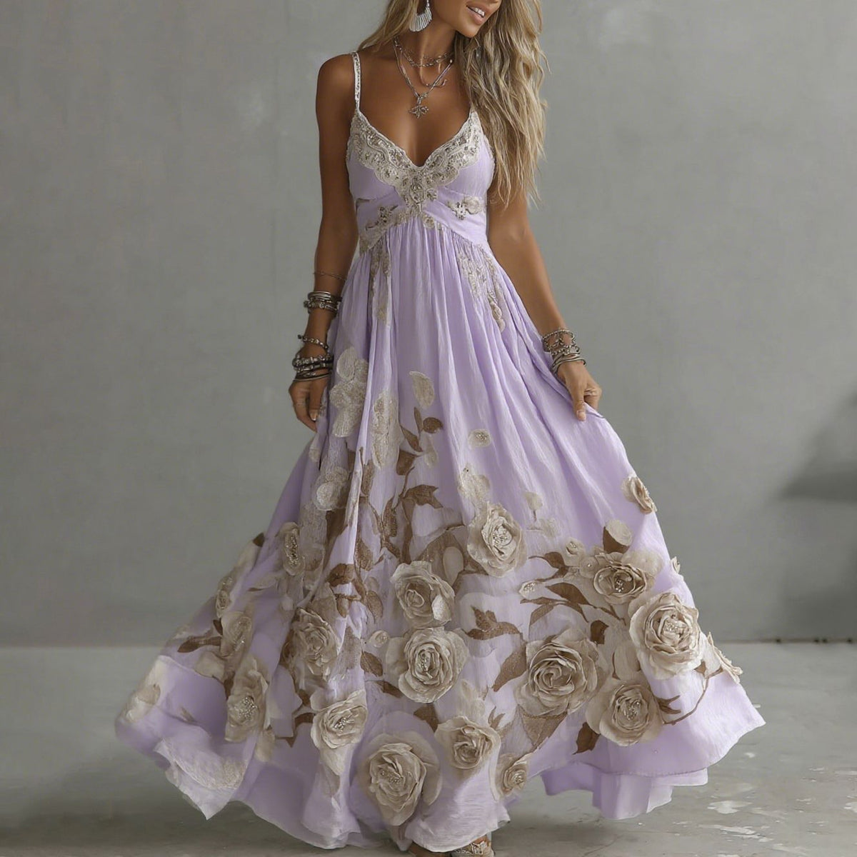 Rosalie Vintage Floral Embroidered Maxi Dress – Fitted Bodice Flowing A-Line Skirt – Purple
