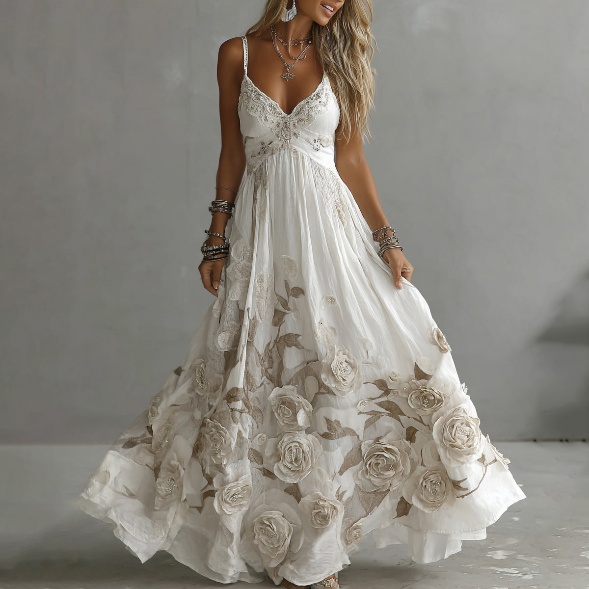 Rosalie Vintage Floral Embroidered Maxi Dress – Fitted Bodice Flowing A-Line Skirt – White