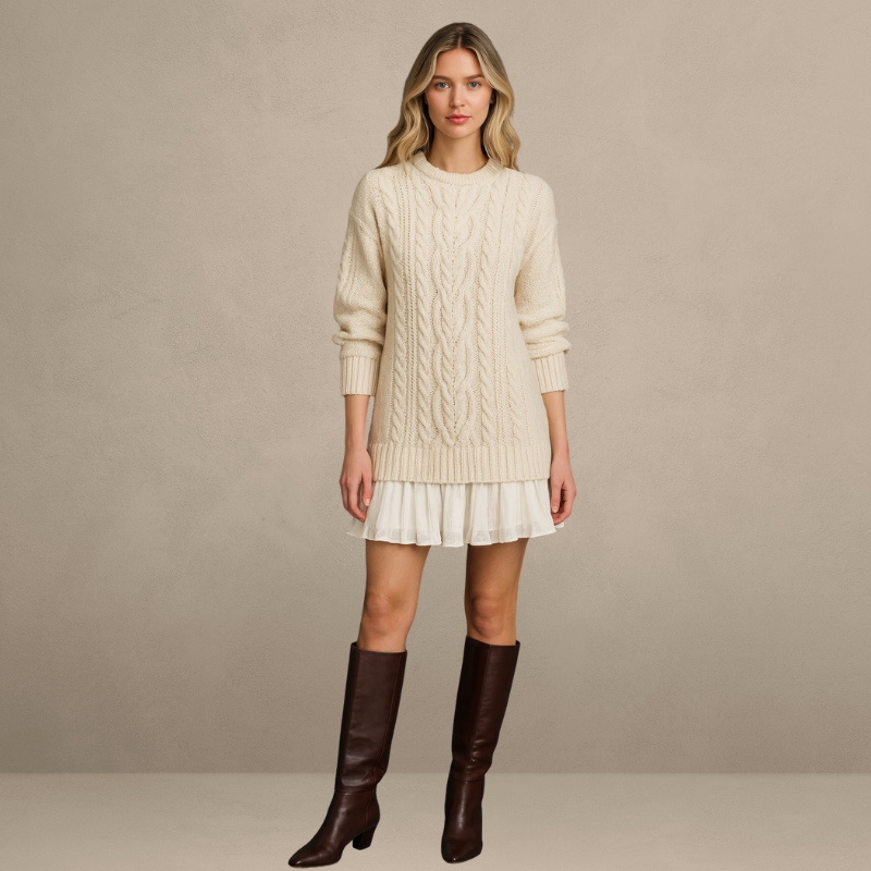 Rosalind Cable-Knit Sweater Dress – Crew Neck Pleated Hem Mini Apricot