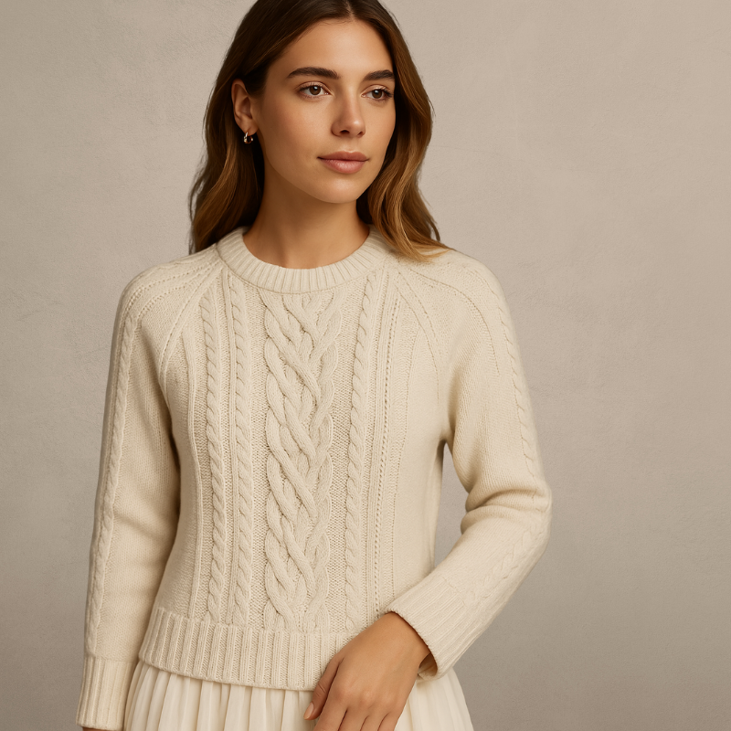 Rosalind Cable-Knit Sweater Dress – Crew Neck Pleated Hem Mini Apricot