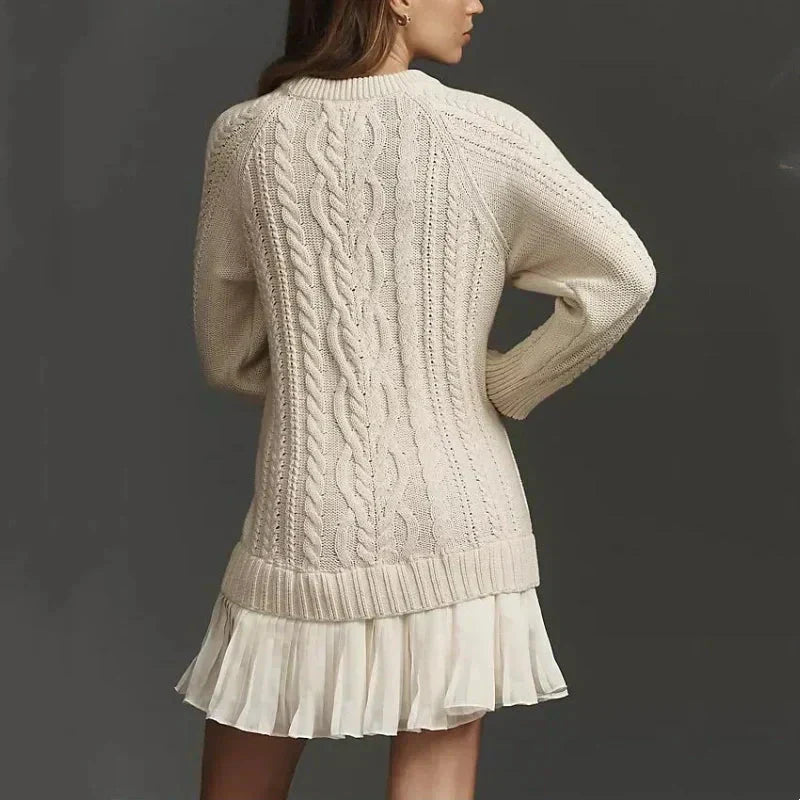 Rosalind Cable-Knit Sweater Dress – Crew Neck Pleated Hem Mini Apricot