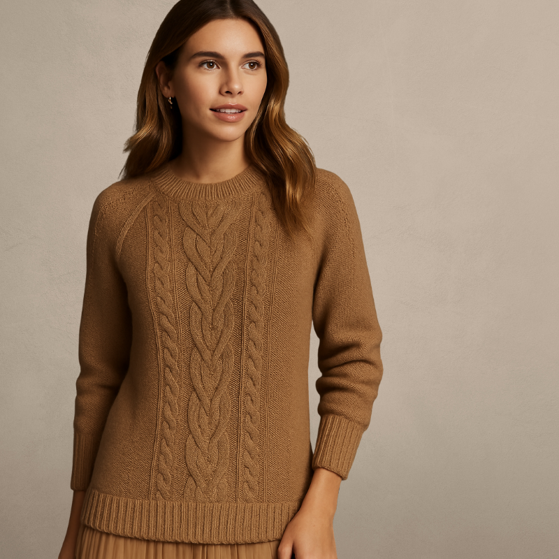 Rosalind Cable-Knit Sweater Dress – Crew Neck Pleated Hem Mini Khaki