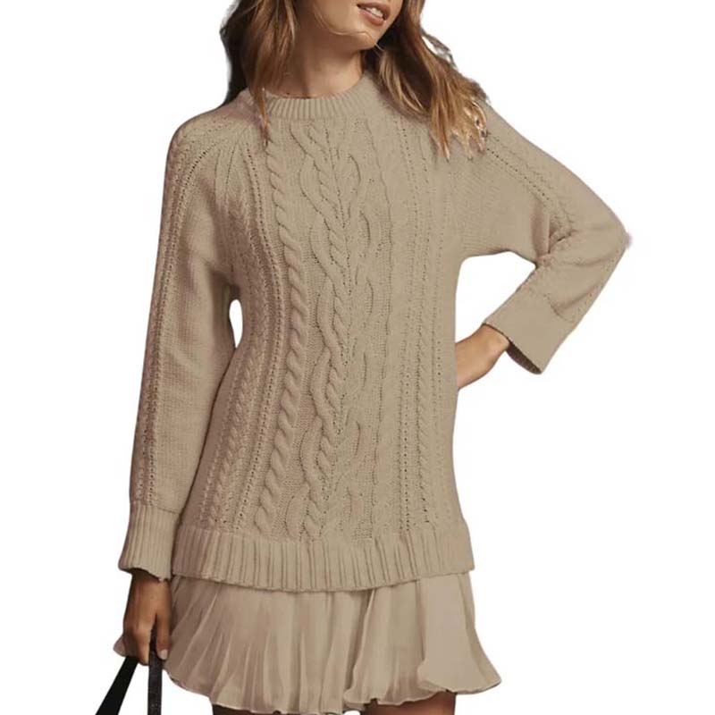 Rosalind Cable-Knit Sweater Dress – Crew Neck Pleated Hem Mini Khaki