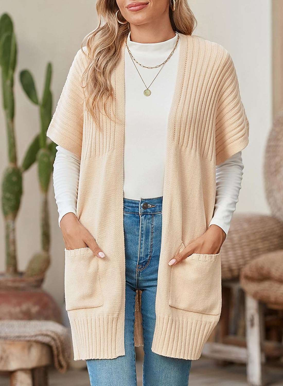 Rosalind Pleated Short Sleeve Knit Cardigan Beige