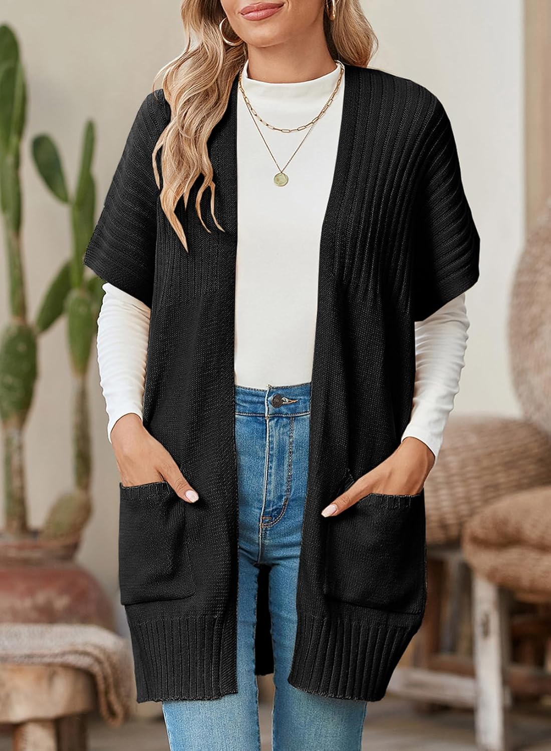 Rosalind Pleated Short Sleeve Knit Cardigan Black
