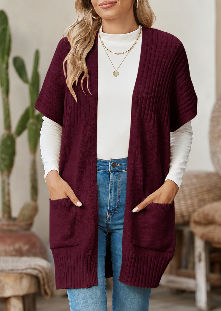 Rosalind Pleated Short Sleeve Knit Cardigan Dahlia Red