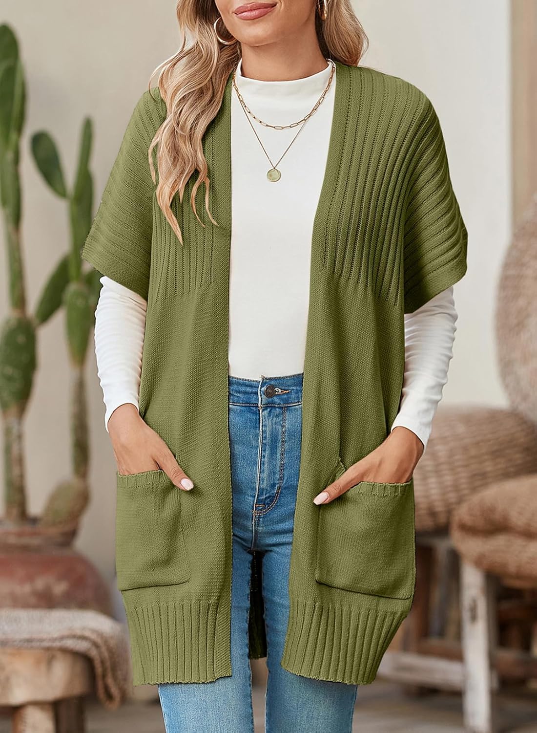 Rosalind Pleated Short Sleeve Knit Cardigan Green