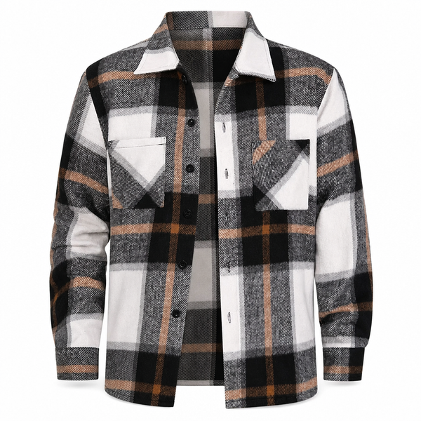 Rowan Bold Check Plaid Shirt – Pointed Collar Button Front Chest Pockets – Grey
