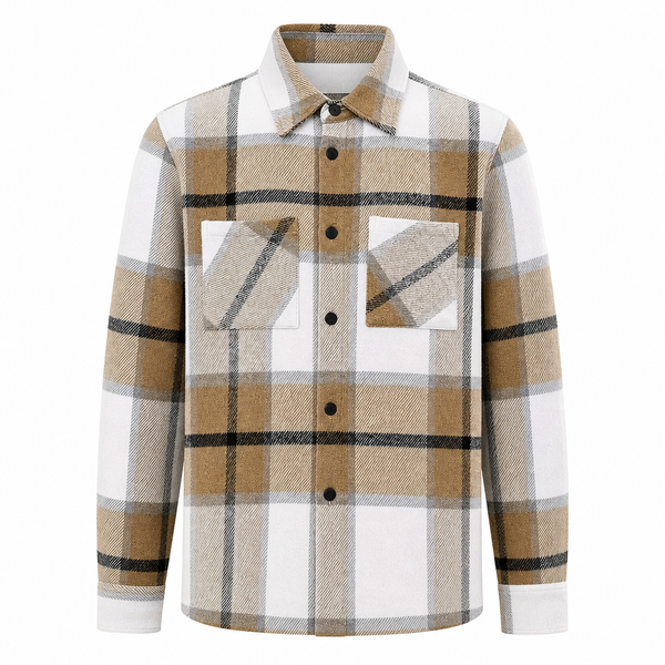 Rowan Bold Check Plaid Shirt – Pointed Collar Button Front Chest Pockets – Khaki