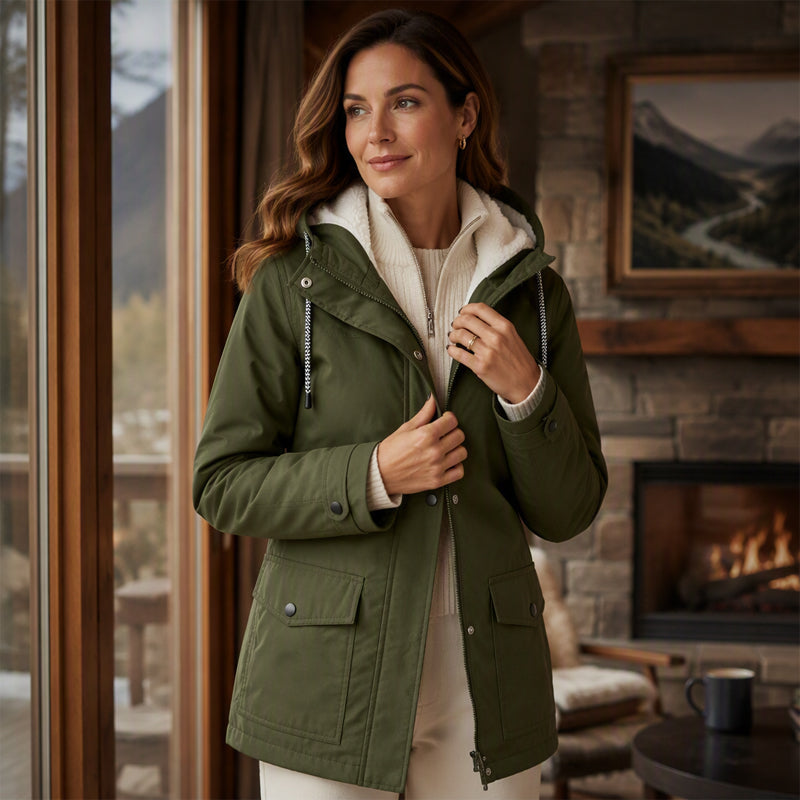 Rowena Hooded Parka Jacket – Plush-Lined Hood Snap Front Flap Pockets