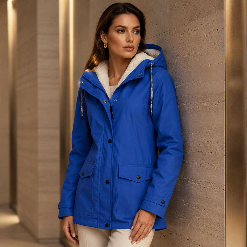 Rowena Hooded Parka Jacket – Plush-Lined Hood Snap Front Flap Pockets