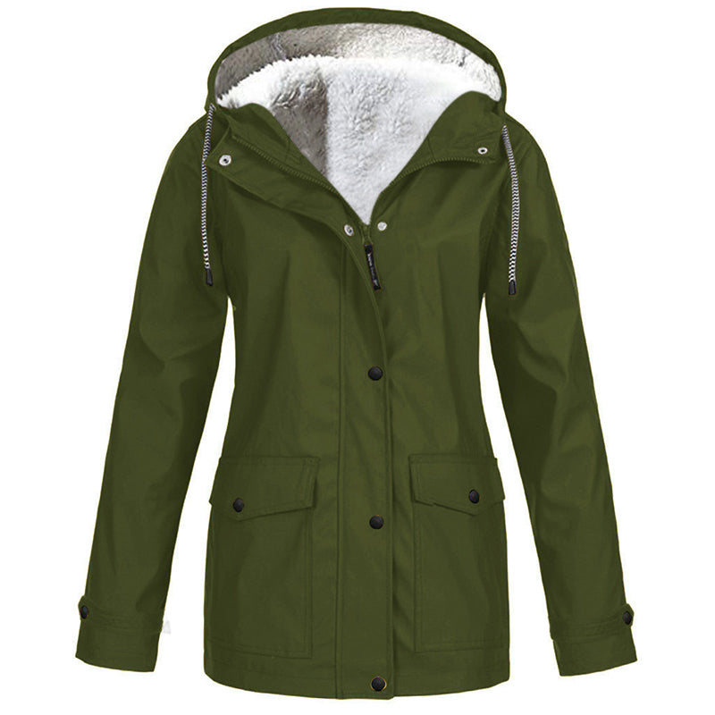Rowena Hooded Parka Jacket – Plush-Lined Hood Snap Front Flap Pockets – Army Green