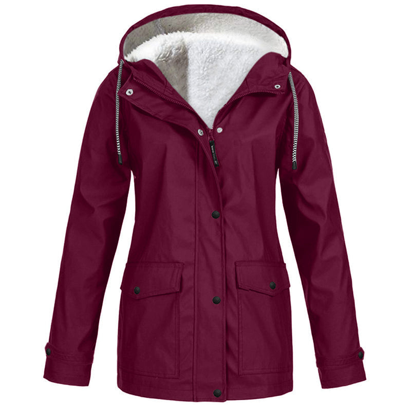 Rowena Hooded Parka Jacket – Plush-Lined Hood Snap Front Flap Pockets – Burgundy