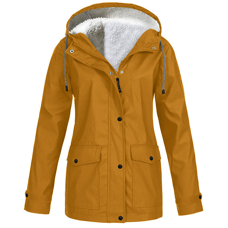 Rowena Hooded Parka Jacket – Plush-Lined Hood Snap Front Flap Pockets – Khaki