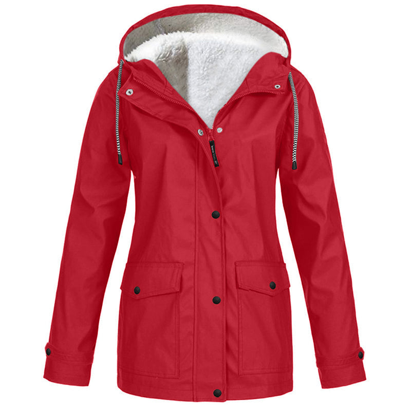 Rowena Hooded Parka Jacket – Plush-Lined Hood Snap Front Flap Pockets – Red