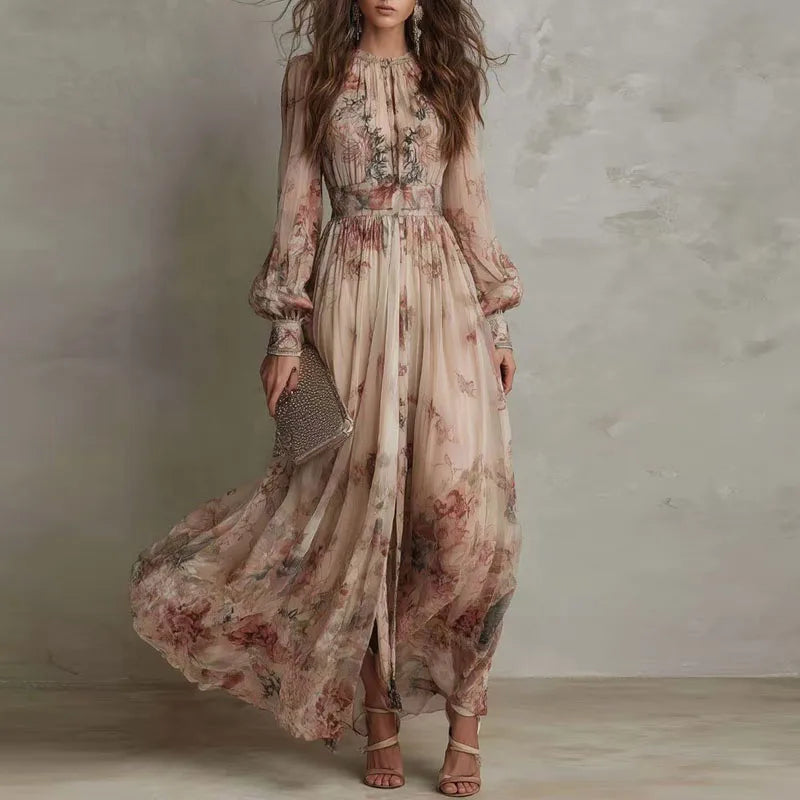 Saffira Vintage Floral Maxi Dress – Beige