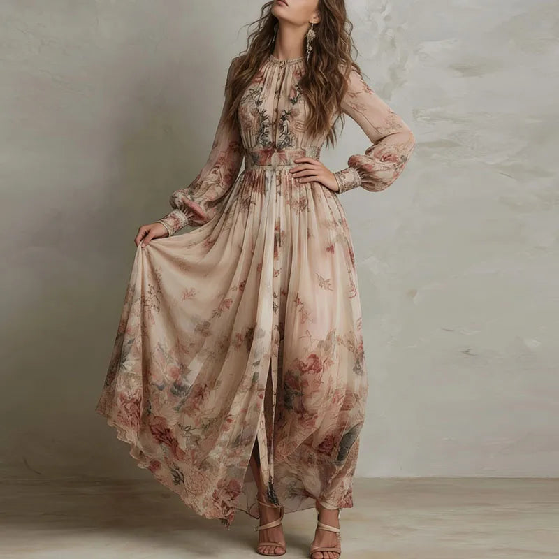 Saffira Vintage Floral Maxi Dress – Beige