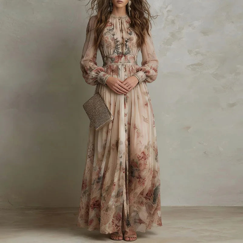 Saffira Vintage Floral Maxi Dress – Beige