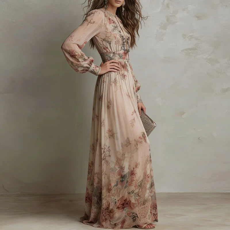 Saffira Vintage Floral Maxi Dress – Beige